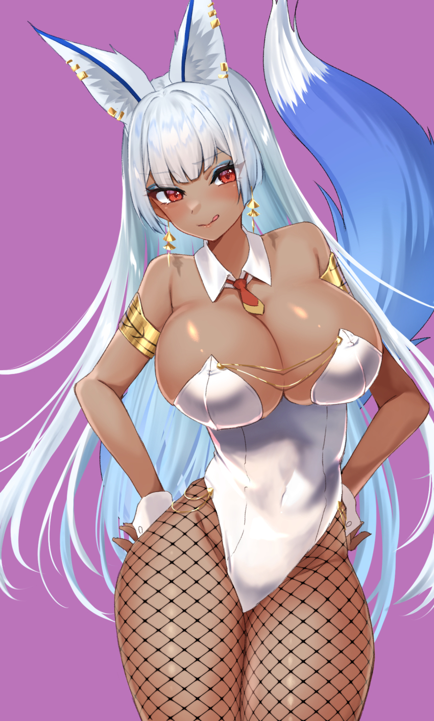 1girl, :q, animal_ears, armlet, bare_shoulders, blue_tail, breasts, bunny_day, cleavage, collar, commission, covered_navel, cowboy_shot, dark-skinned_female, dark_skin, detached_collar, earrings, fishnet_pantyhose, fishnets, highres, indie_virtual_youtuber, jewelry, large_breasts, leotard, long_hair, nairu_nirvana, necktie, nidoneane, pantyhose, playboy_bunny, purple_background, red_eyes, red_necktie, short_necktie, skeb_commission, solo, tail, tan, tongue, tongue_out, virtual_youtuber, white_collar, white_hair, white_leotard, white_wrist_cuffs, wrist_cuffs