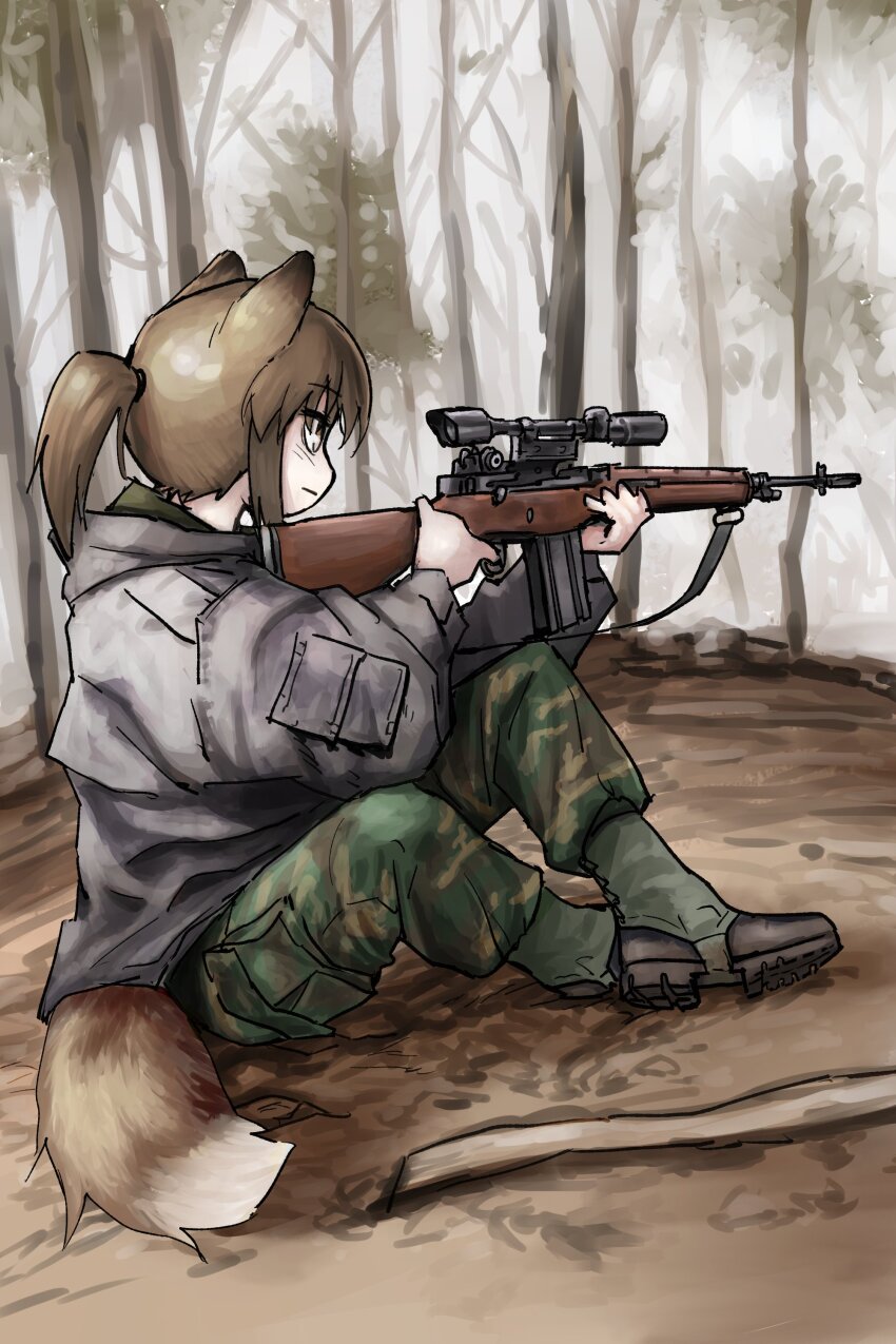1girl, absurdres, aiming, animal_ears, boots, brown_eyes, brown_hair, forest
