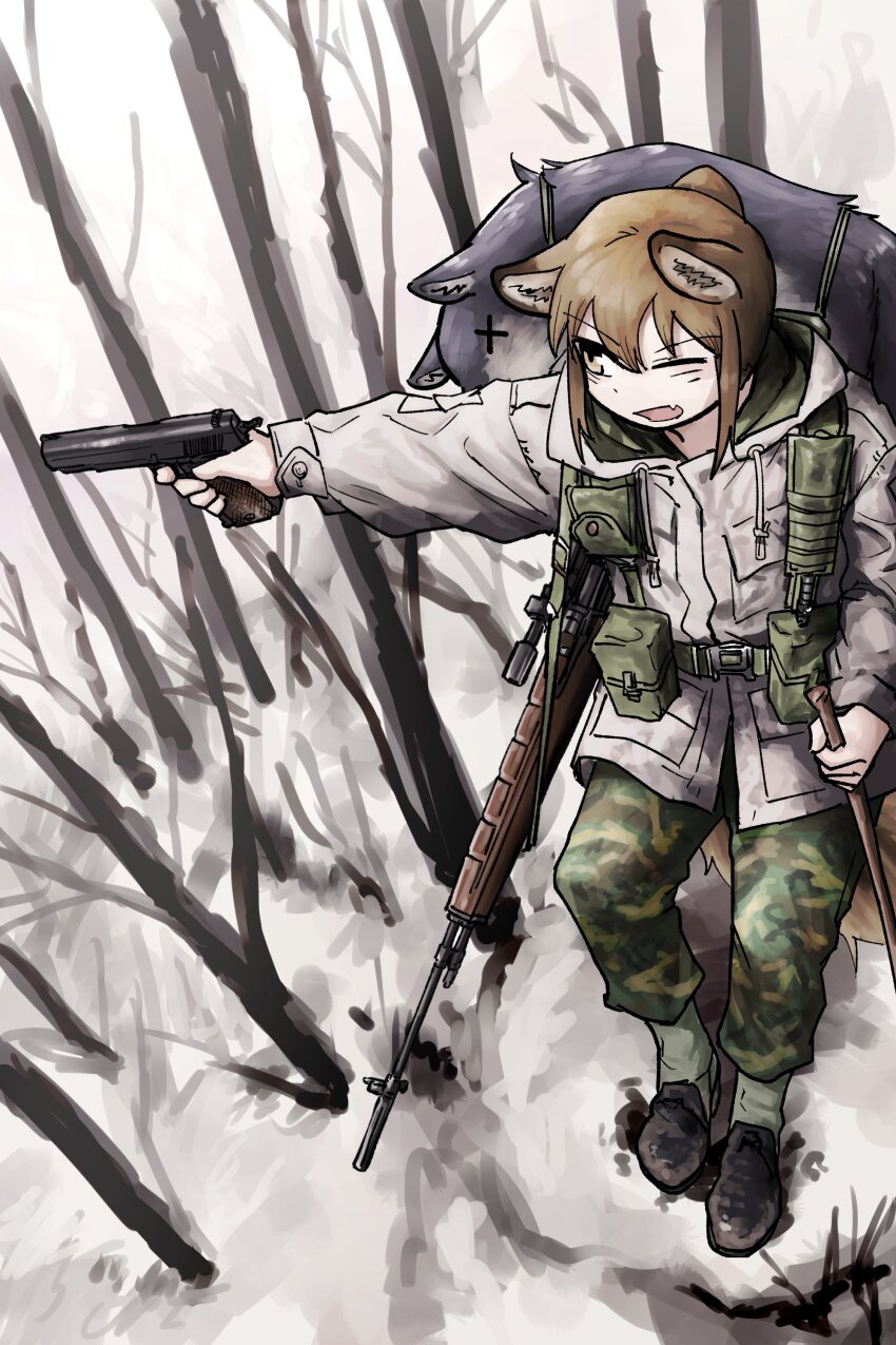 1girl, absurdres, aiming, animal_ears, boots, dead_animal, forest, fox_ears