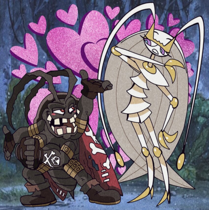 1boy, 1girl, antennae, belt, blush, bug, cockroach, crossover, digimon, digimon_(creature), gen_7_pokemon, gokimon, heart, highres, insect, looking_at_another, mr.whatshisname, nintendo, pheromosa, pokemon, purple_eyes, skull, teeth, trait_connection, ultra_beast, wings