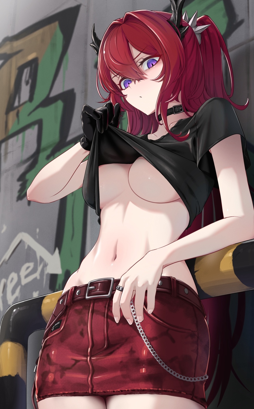 1girl, absurdres, arknights, belt, black_choker, black_gloves, black_shirt, breasts