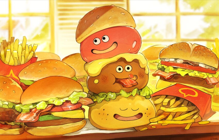 bacon, blurry, blurry_background, bread_bun, burger, character_request, cheese, closed_eyes