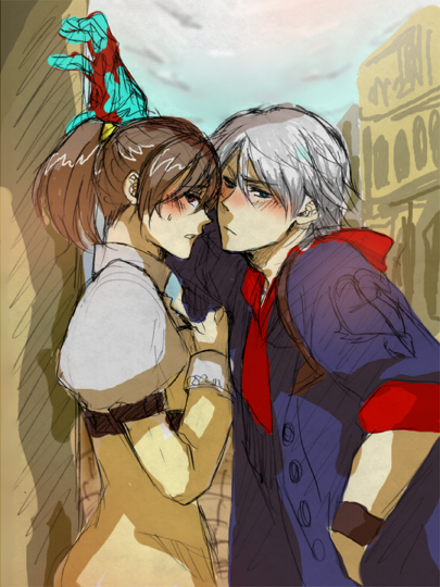 1boy, 1girl, blush, capcom, couple, devil_may_cry, devil_may_cry_(series), devil_may_cry_4, dress, hishiro_ryo, hood, hoodie, jacket, koorijou, kyrie_(devil_may_cry), long_hair, nero_(devil_may_cry), orange_hair, ponytail, wristband