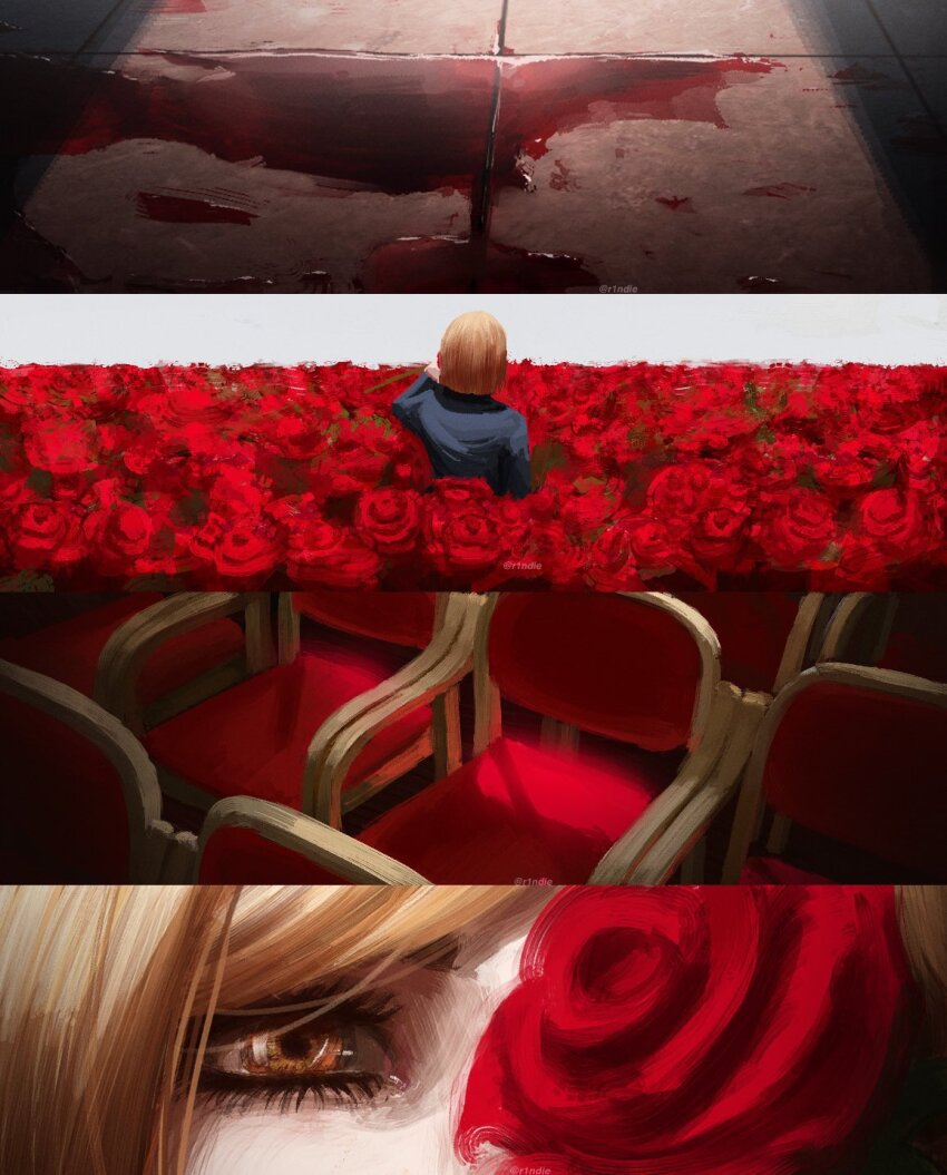 1girl, back, black_jacket, blood, blood_on_ground, brown_eyes, brown_hair, chair, flower, garden, highres, jacket, jujutsu_kaisen, kugisaki_nobara, r1ndie, red_flower, red_rose, rose, short_hair, solo, twitter_username
