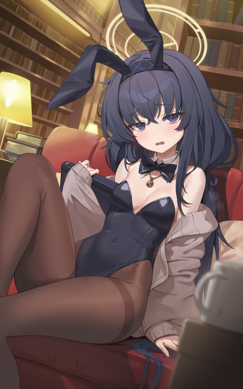 1girl, absurdres, alternate_costume, animal_ears, bags_under_eyes, black_hair, black_leotard, blue_archive