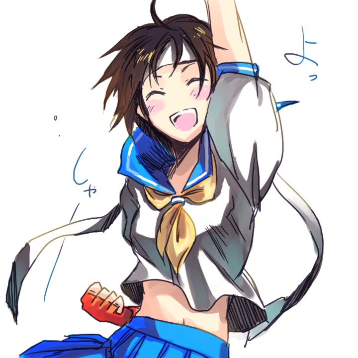 1girl, blue_sailor_collar, brown_hair, capcom, female_focus, fingerless_gloves, gloves, headband, kasugano_sakura, midriff, onimaru_gonpei, sailor_collar, school_uniform, serafuku, short_hair, solo, street_fighter, victory_pose