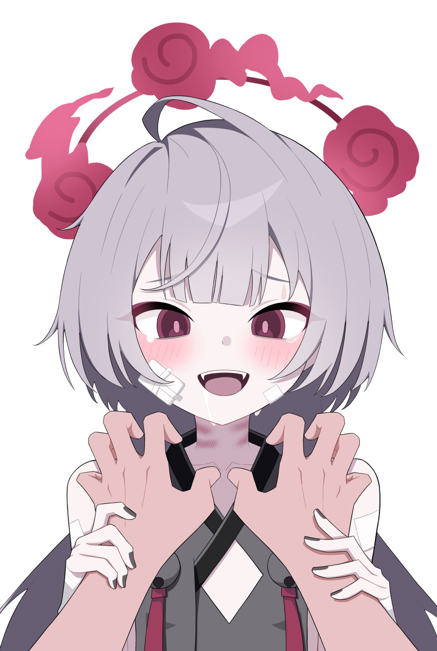 1girl, 1other, absurdres, bandaged_arm, bandages, bell, black_nails, blue_archive