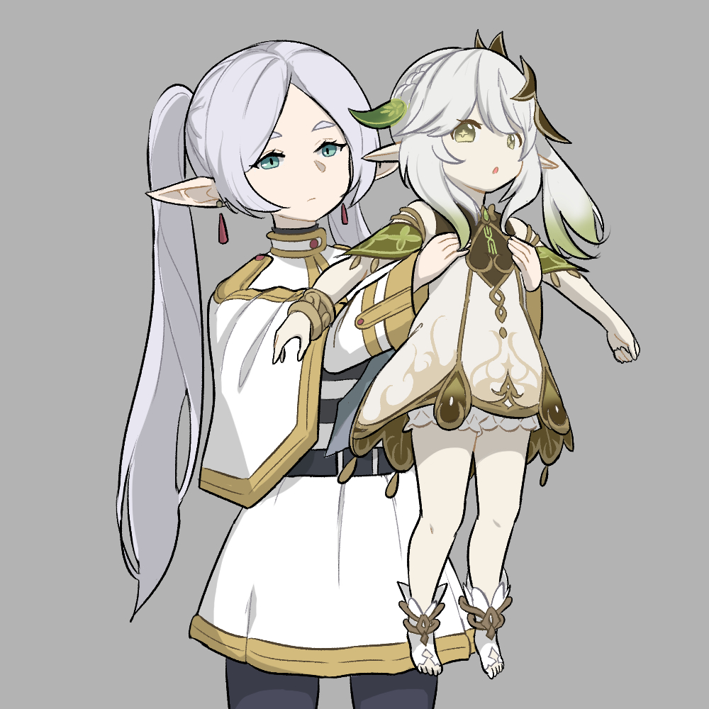 2girls, armpit_carry, bloomers, capelet, cowboy_shot, earrings, floating_earrings, frieren