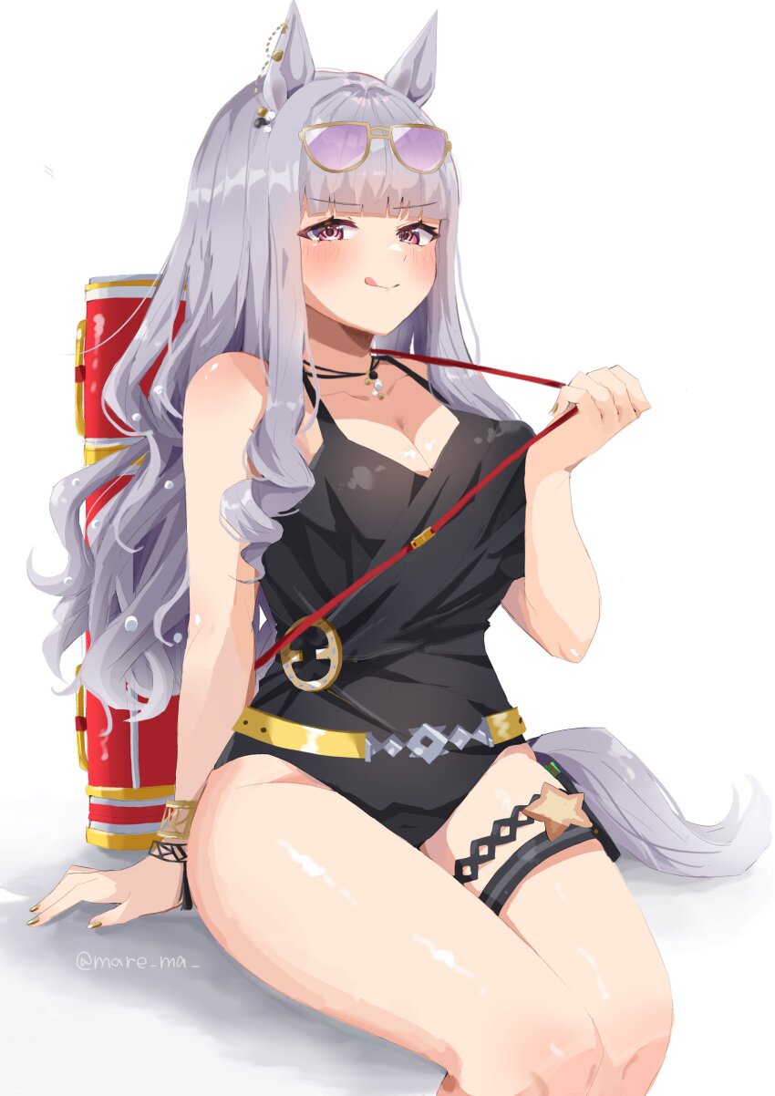 1girl, absurdres, animal_ears, black_one-piece_swimsuit, breasts, cleavage, closed_mouth, eyewear_on_head