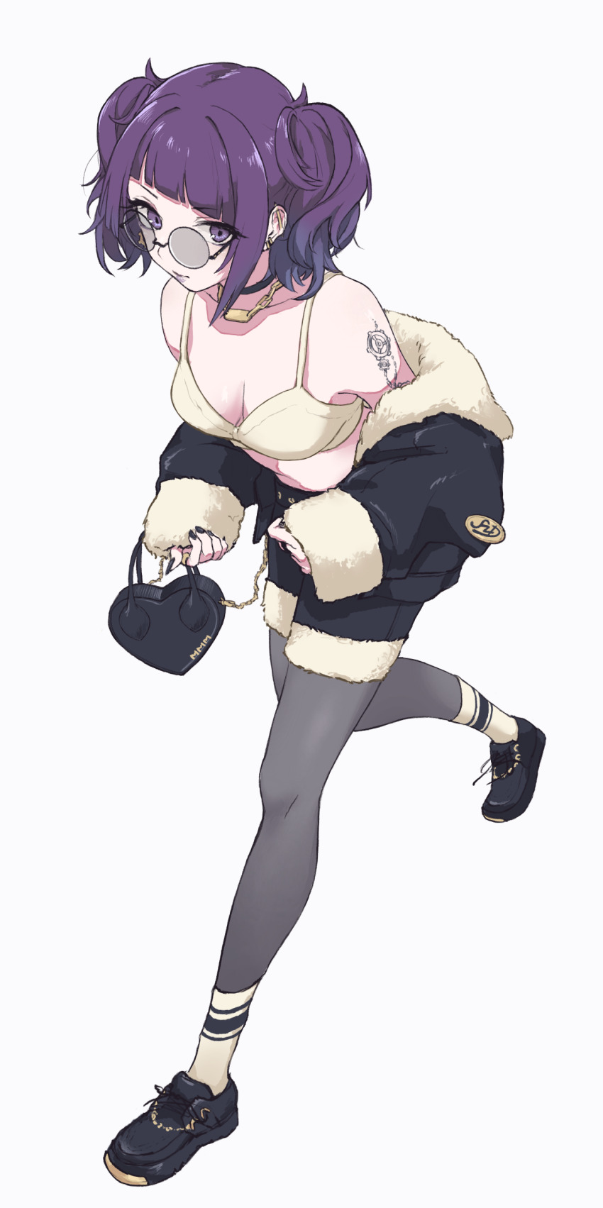 1girl, absurdres, bag, bare_shoulders, black_nails, black_pantyhose, bra, breasts