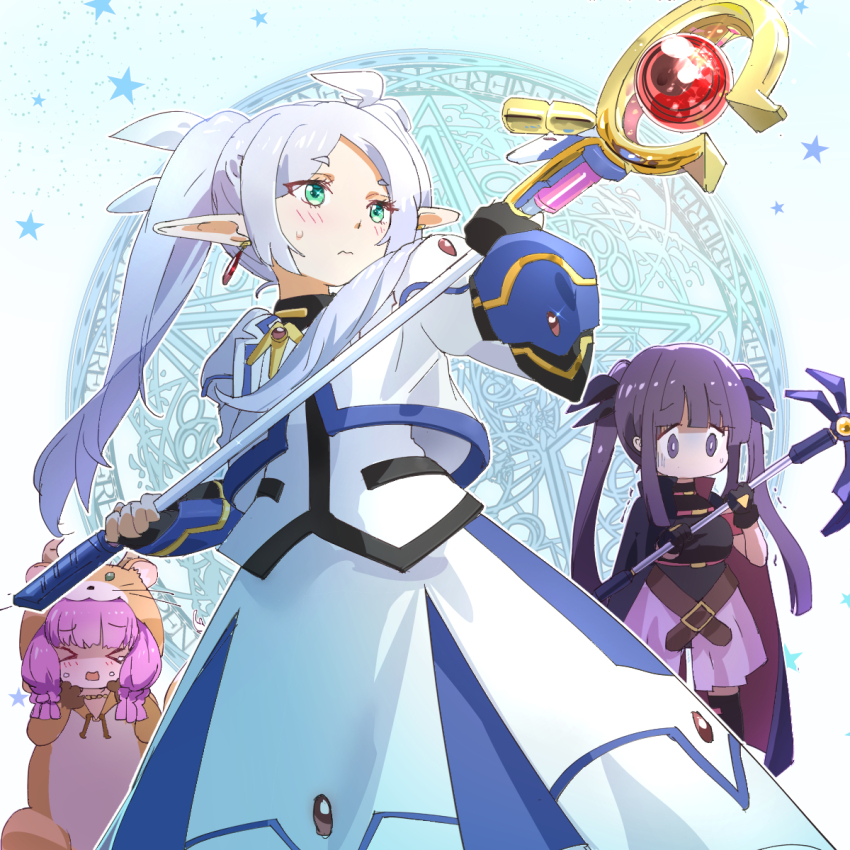 >_<, 3girls, :o, aura_(sousou_no_frieren), aura_bullying_(meme), bardiche_(axe_form)_(nanoha), bardiche_(nanoha), blush, cape, commentary_request, cosplay, crossover, demon_girl, demon_horns, earrings, elf, fate_testarossa, fate_testarossa_(cosplay), fate_testarossa_(movie_1st_form), fern_(sousou_no_frieren), ferret, fingerless_gloves, frieren, gloves, green_eyes, highres, holding, holding_staff, horns, jewelry, kyarahiba, long_hair, lyrical_nanoha, mage_staff, magic_circle, mahou_shoujo_lyrical_nanoha, meme, multiple_girls, parody, pointy_ears, purple_hair, raising_heart, raising_heart_(device_mode), raising_heart_(device_mode)_(1st), skirt, sousou_no_frieren, staff, sweatdrop, takamachi_nanoha, takamachi_nanoha_(cosplay), takamachi_nanoha_(movie_1st_mode), twintails, wavy_mouth, white_hair, yuuno_scrya, yuuno_scrya_(cosplay)