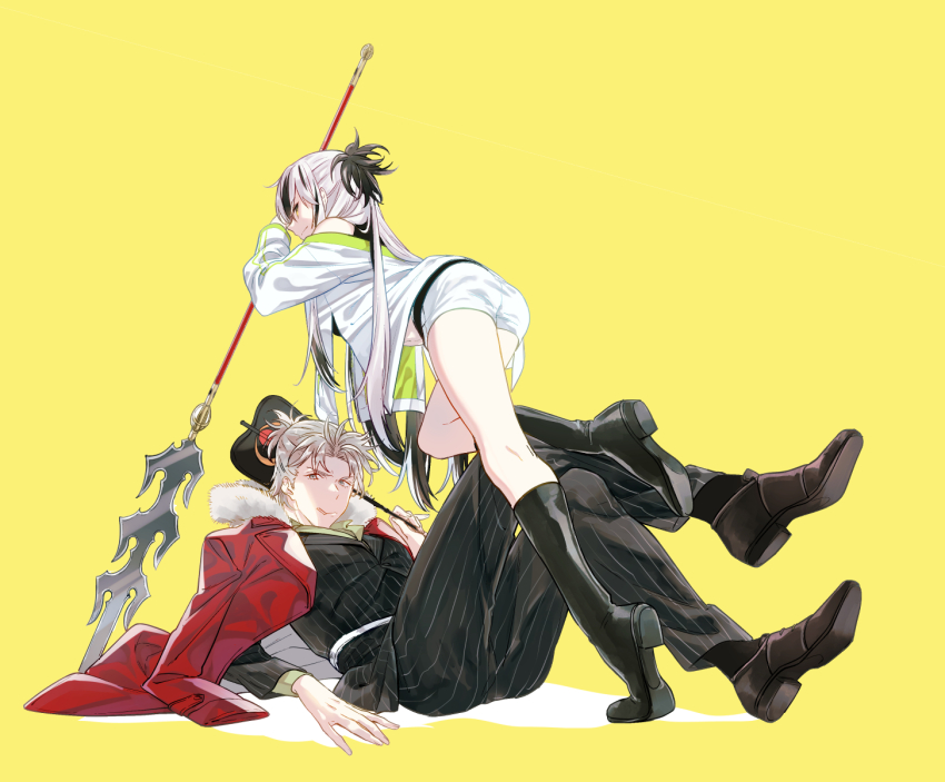 1boy, 1girl, black_hair, boots, fate/grand_order, fate_(series), formal_clothes, grey_hair