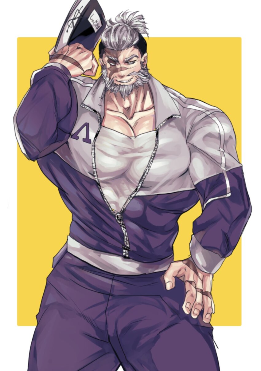 1boy, alternate_costume, bad_id, bad_twitter_id, bara, beard, beefm00w, book