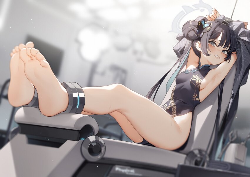 1girl, absurdres, armpits, arms_up, bare_legs, barefoot, black_coat, black_dress, black_hair, blue_archive, blurry, blurry_background, blush, bound, breasts, butterfly_hair_ornament, clenched_teeth, coat, commentary_request, de_da_xianyu, depth_of_field, double_bun, dragon_print, dress, feet, foot_focus, full_body, grey_eyes, grey_halo, hair_bun, hair_ornament, halo, highres, kisaki_(blue_archive), legs, long_hair, long_sleeves, medium_breasts, parted_lips, pelvic_curtain, print_dress, restrained, sideboob, sitting, sleeveless, sleeveless_dress, soles, solo, tearing_up, tears, teeth, toes, twintails, very_long_hair