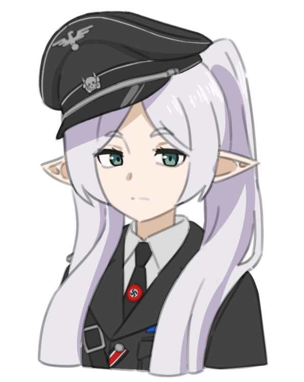 1girl, black_cat03, black_hat, black_jacket, black_necktie, closed_mouth, collared_shirt, elf, expressionless, frieren, green_eyes, grey_hair, hat, jacket, long_hair, nazi, nazi_party_pin, necktie, peaked_cap, pointy_ears, shirt, simple_background, skull_pin, solo, sousou_no_frieren, swastika, white_background