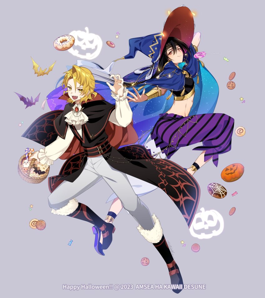 2boys, alternate_costume, amber_(fire_emblem), ascot, black_hair, blonde_hair, cape, crop_top, fire_emblem, fire_emblem_engage, fire_emblem_heroes, halloween, halloween_costume, hat, highres, l_(matador), male_focus, multiple_boys, nintendo, official_alternate_costume, open_mouth, red_eyes, seadall_(fire_emblem), seadall_(halloween)_(fire_emblem), short_hair, simple_background, smile, white_ascot, witch_hat, yellow_eyes