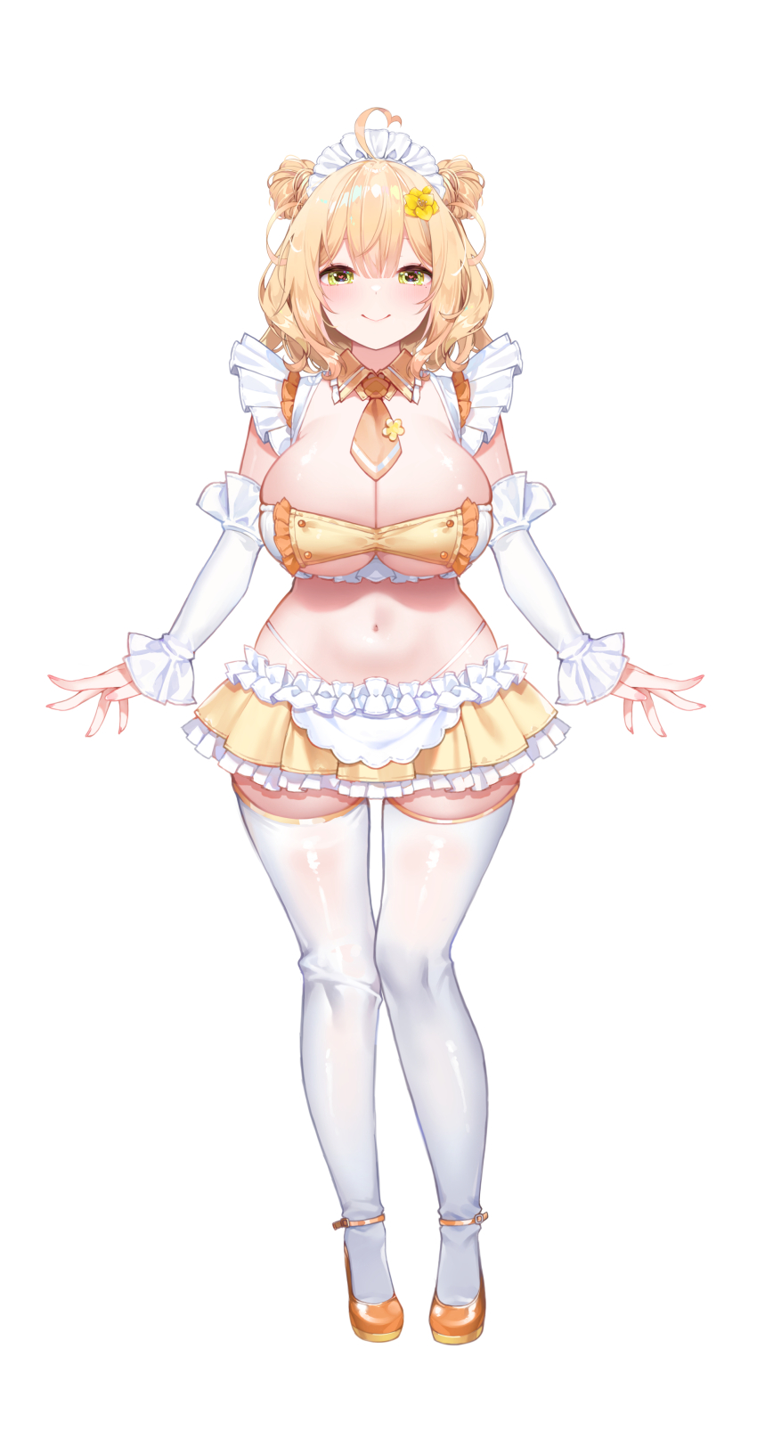 1girl, absurdres, ahoge, anto_mel, apron, blonde_hair, breasts, cleavage