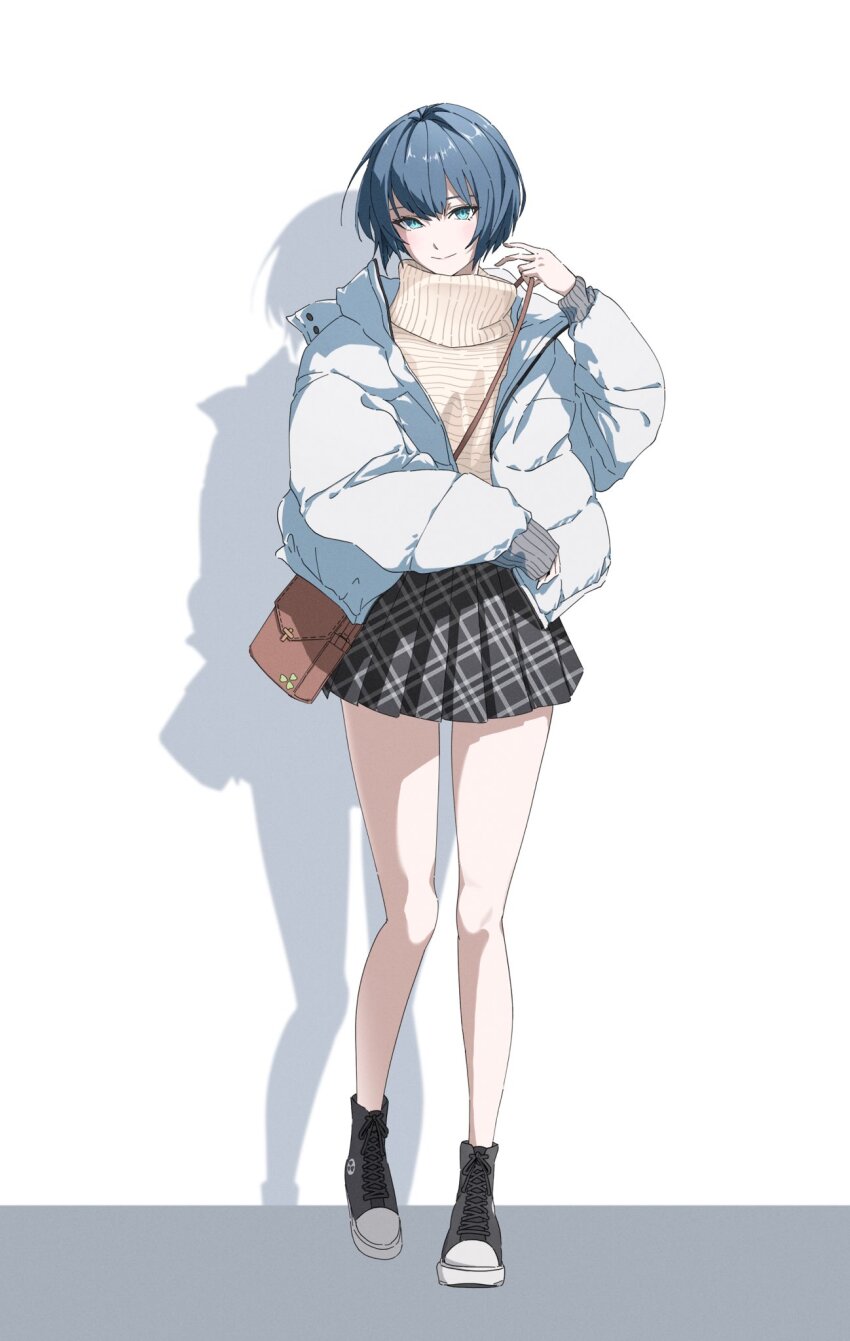 1girl, bag, black_footwear, blue_eyes, blue_hair, brown_bag, commentary, converse