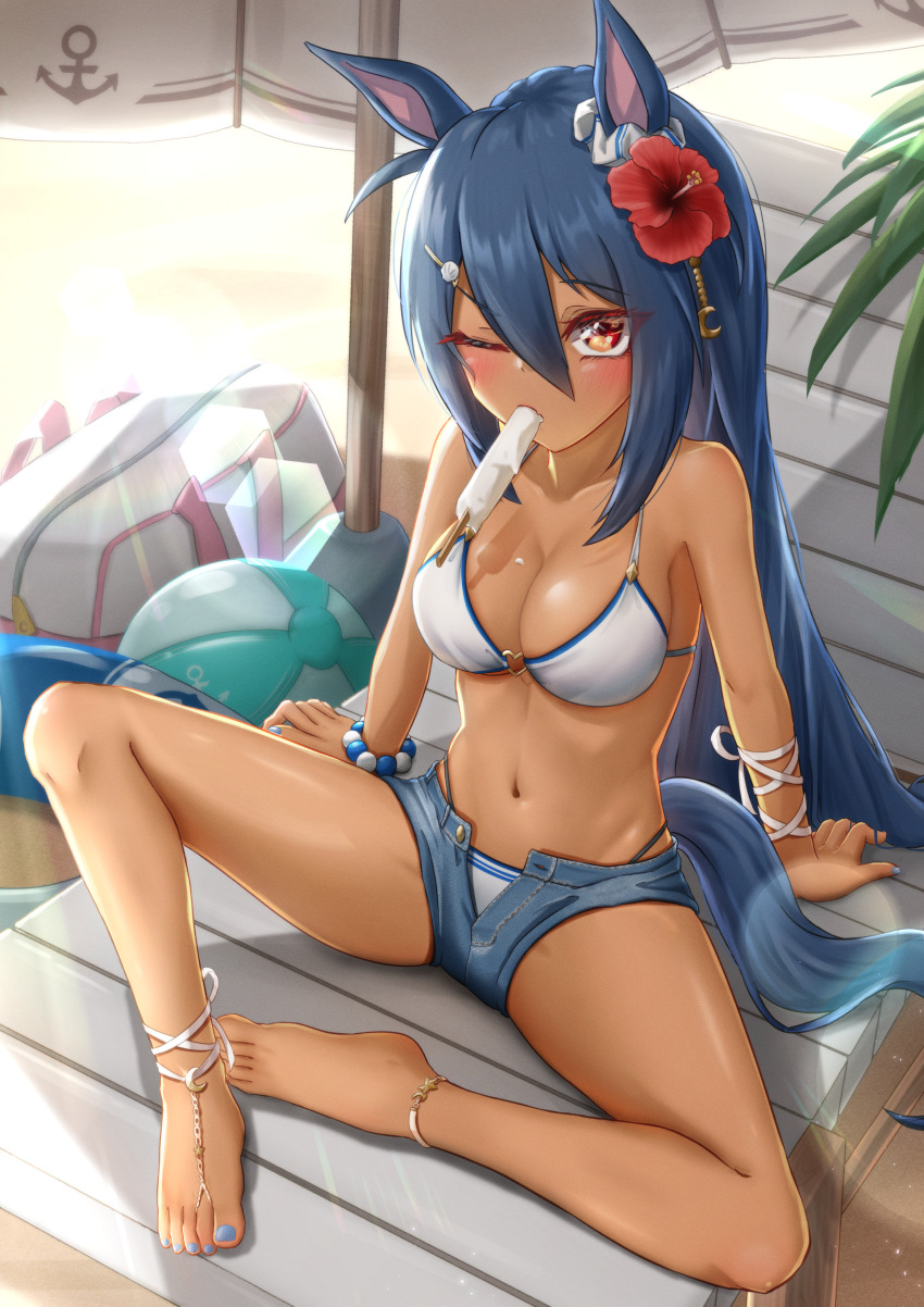 1girl, absurdres, animal_ears, anklet, ball, bare_shoulders, barefoot, beach_umbrella