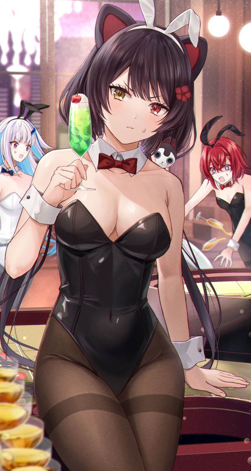 3girls, absurdres, alcohol, ange_katrina, animal_ears, bare_shoulders, black_hair, black_hairband