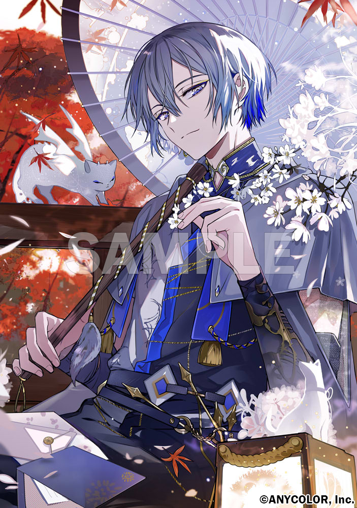 1boy, blue_eyes, blue_hair, cat, gradient_hair, japanese_clothes, koyanagi_rou, koyanagi_rou_(1st_costume)