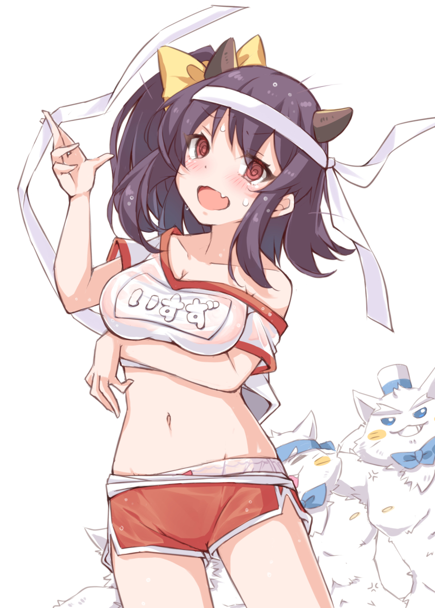 1girl, @_@, arm_under_breasts, azur_lane, blush, bow, breasts, buruma