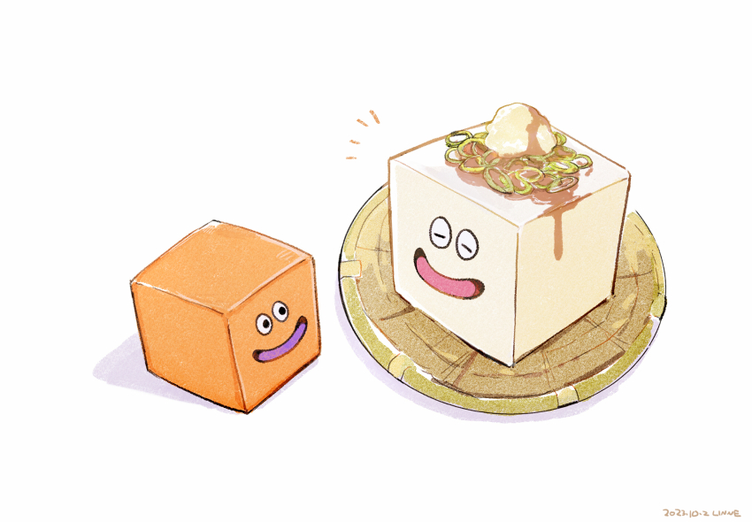 artist_name, black_eyes, box_slime, closed_mouth, commentary_request, dated, dragon_quest, food