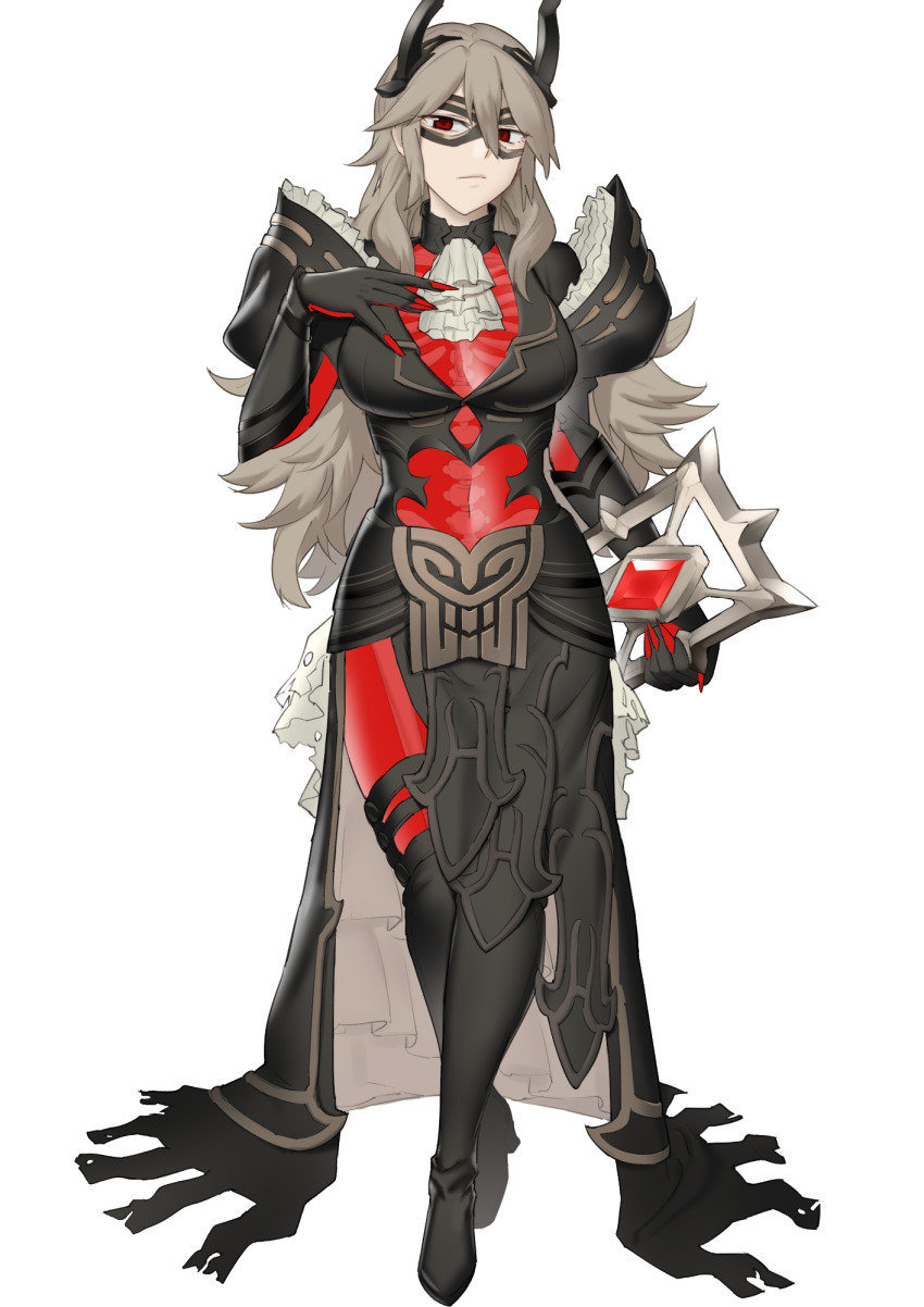 1girl, black_dress, black_footwear, blonde_hair, breasts, choker, cleavage, clothing_cutout, cosplay, dress, ebinku, fire_emblem, fire_emblem_heroes, frilled_choker, frills, full_body, ganglot_(fire_emblem), ganglot_(fire_emblem)_(cosplay), highres, large_breasts, looking_at_viewer, navel_cutout, nintendo, red_eyes, shoulder_pads, solo, thrasir_(fire_emblem), see-through_body