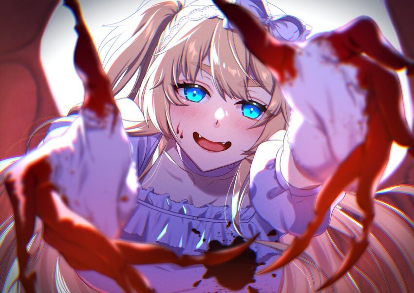 1girl, blonde_hair, blood, blood_on_clothes, blood_on_face, blood_on_hands, blue_eyes, blush