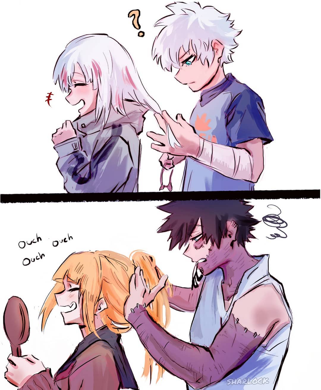 1boy, 2girls, ?, black_hair, blonde_hair, blue_eyes, boku_no_hero_academia, brother_and_sister, closed_eyes, dabi_(boku_no_hero_academia), fangs, hand_mirror, highres, jacket, mirror, multiple_girls, open_mouth, scar, sharl0ck, siblings, smile, stitches, todoroki_fuyumi, todoroki_touya, toga_himiko, white_background, white_hair