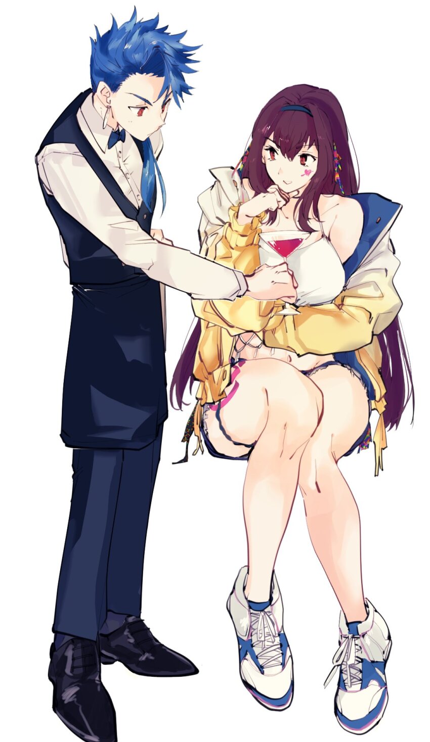 1boy, 1girl, apron, bare_legs, bare_shoulders, black_footwear, blue_bow, blue_bowtie, blue_hair, blue_pants, blue_vest, bow, bowtie, breasts, closed_mouth, collared_shirt, commentary_request, crop_top, cu_chulainn_(fate), cup, denim, denim_shorts, earrings, facial_mark, fate/grand_order, fate_(series), full_body, hair_ornament, hair_over_shoulder, hairband, head_rest, heart, heart_facial_mark, highres, holding, holding_cup, invisible_chair, jacket, jewelry, large_breasts, long_hair, long_sleeves, looking_at_another, low_ponytail, midriff, mifts09, navel, off_shoulder, pants, parted_lips, ponytail, purple_hair, red_eyes, scathach_(event_portrait)_(fate), scathach_(fate), setanta_(event_portrait)_(fate), setanta_(fate), shirt, short_shorts, shorts, sidelocks, sitting, standing, tank_top, thigh_strap, thighs, very_long_hair, vest, waist_apron, white_background, white_shirt, white_tank_top, yellow_jacket