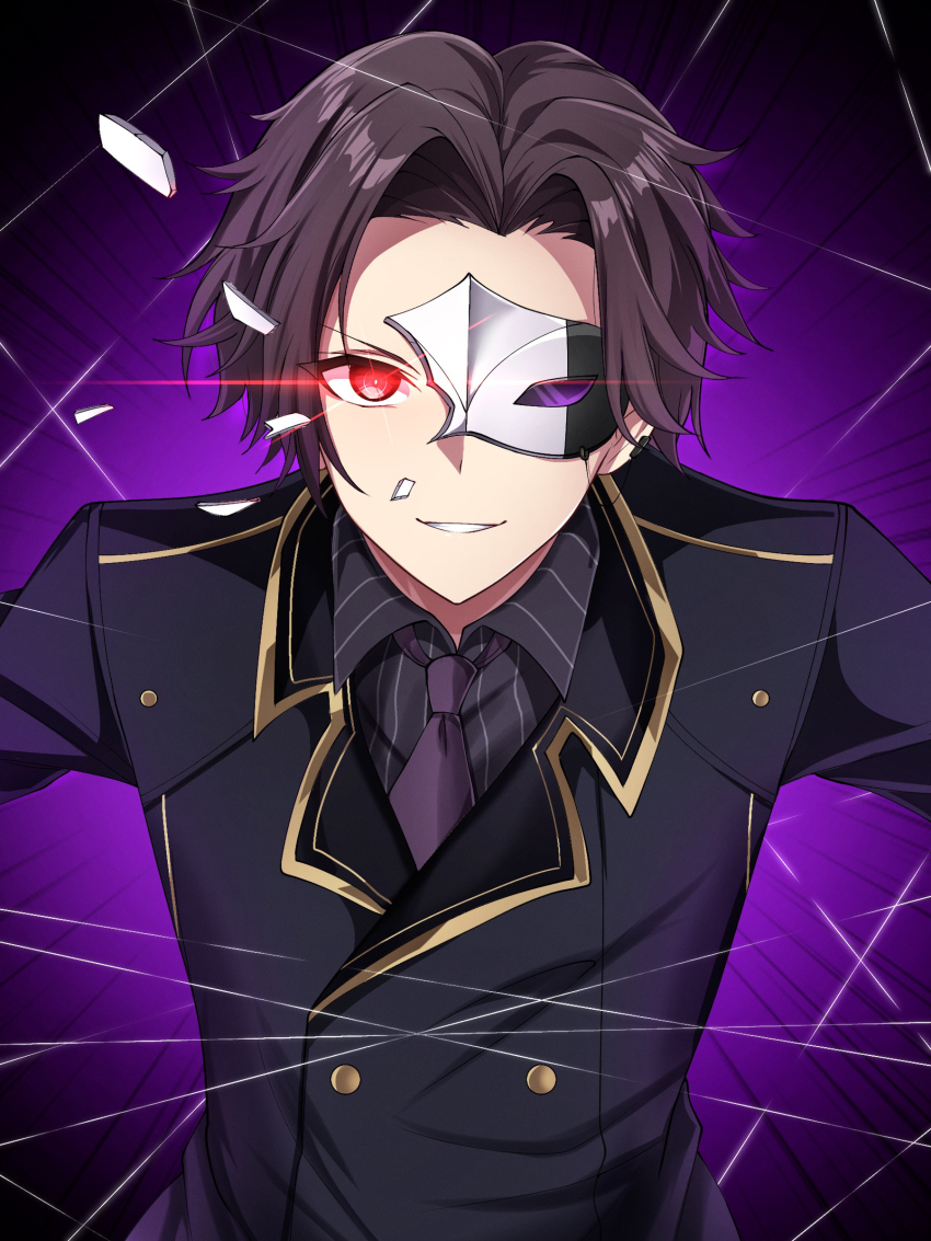 1boy, absurdres, black_hair, black_shirt, black_suit, broken_mask, buttons, cid_kagenou, cid_kagenou_(john_smith), collared_shirt, commentary, english_commentary, formal_clothes, grin, highres, kage_no_jitsuryokusha_ni_naritakute!, long_sleeves, looking_at_viewer, male_focus, mask, midori_(midori13579), necktie, purple_necktie, red_eyes, shirt, short_hair, smile, solo, striped_clothes, striped_shirt, suit