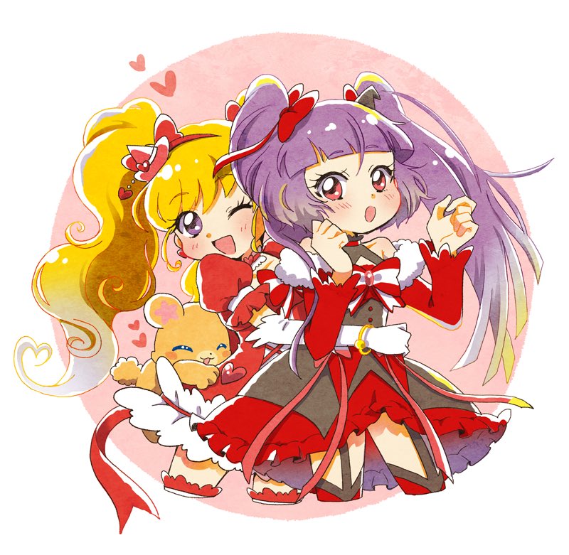 2girls, :o, ;d, asahina_mirai, blonde_hair, blush, bow, closed_eyes, commentary_request, cure_magical, cure_magical_(ruby_style), cure_miracle, cure_miracle_(ruby_style), earrings, gloves, hair_bow, hat, heart, hoppetoonaka3, hug, izayoi_liko, jewelry, long_hair, magical_girl, mahou_girls_precure!, mini_hat, mini_witch_hat, mofurun_(precure), multiple_girls, one_eye_closed, open_mouth, precure, purple_eyes, purple_hair, red_bow, red_sleeves, simple_background, smile, striped_bow, white_gloves, witch_hat