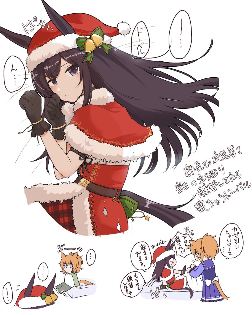 ..., 2girls, back_bow, black_gloves, blue_eyes, blush, bow, brown_eyes