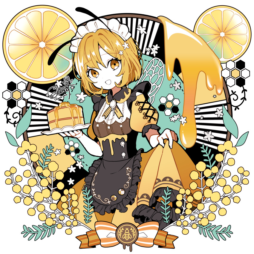 1girl, :d, absurdres, antennae, apron, aqua_background, arthropod_girl, bee_girl