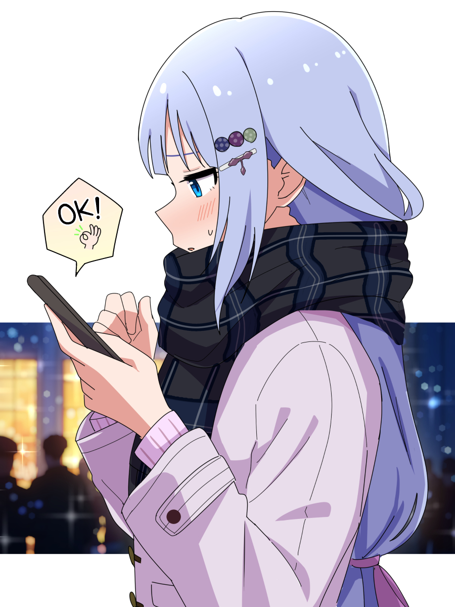 1girl, black_scarf, blue_eyes, blue_hair, blurry, blurry_background, blush, cellphone