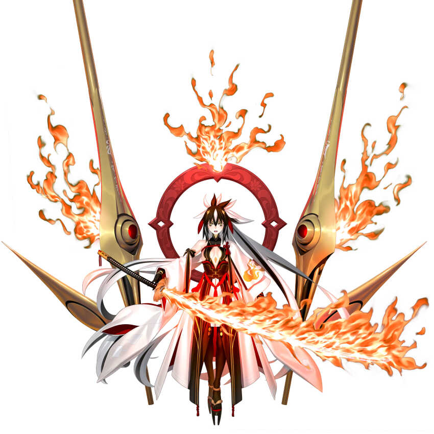 1girl, armor, black_armor, black_gloves, black_hair, breasts, detached_sleeves, fate/grand_order, fate_(series), fire, floating, floating_object, gloves, green_eyes, hair_between_eyes, highres, holding, holding_sword, holding_weapon, japanese_armor, katana, long_hair, looking_at_viewer, medium_breasts, multicolored_hair, nagao_kagetora_(fate), official_alternate_costume, official_alternate_hairstyle, official_art, solo, streaked_hair, sword, takeuchi_takashi, two-tone_hair, uesugi_kenshin_(fate), very_long_hair, weapon, white_hair