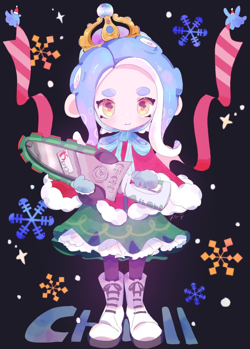 1girl, blue_hair, blue_mittens, boots, capelet, commentary_request, crown, dress