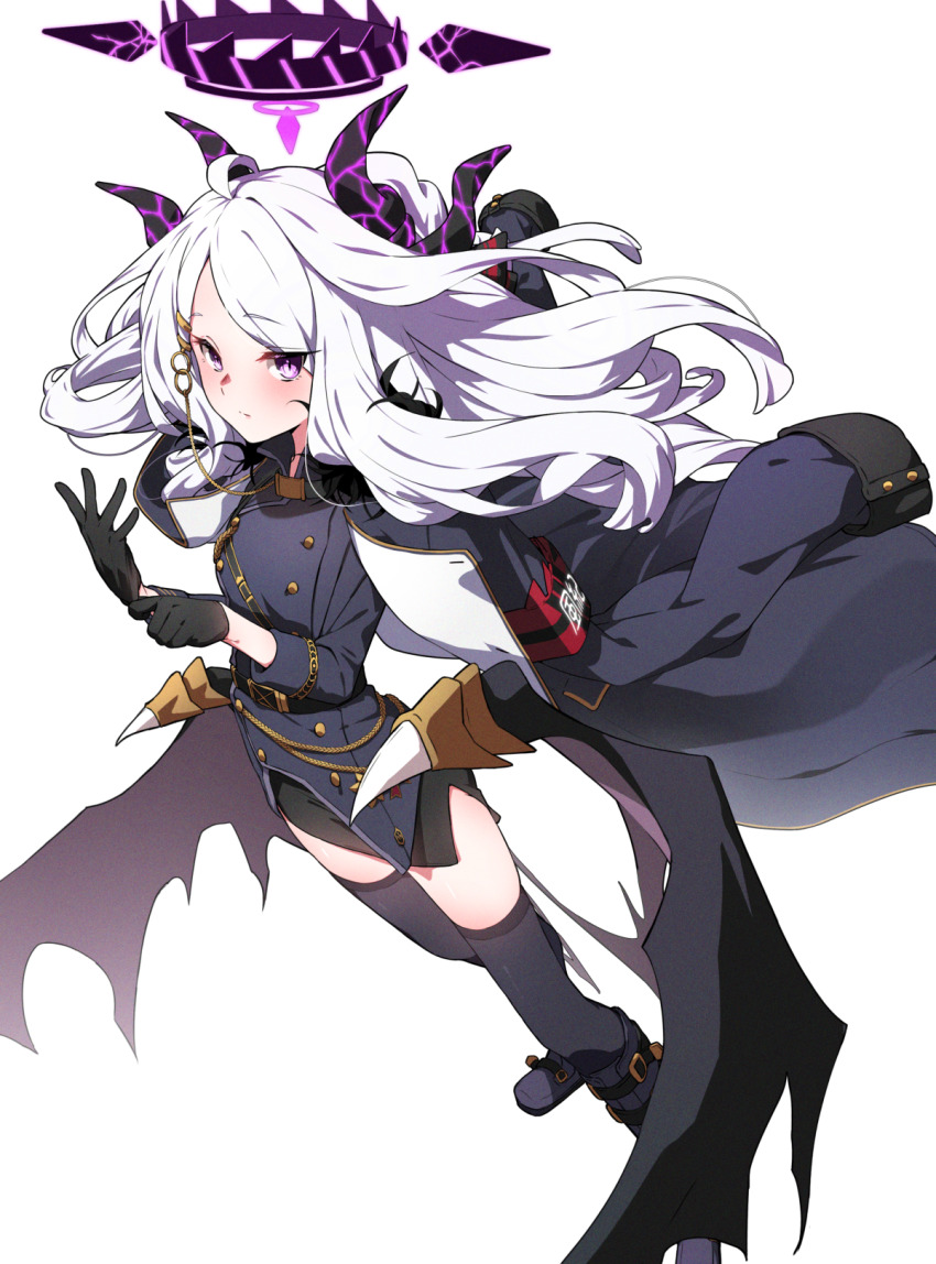 1girl, adjusting_clothes, adjusting_gloves, armband, belt, black_boots, black_gloves, black_skirt