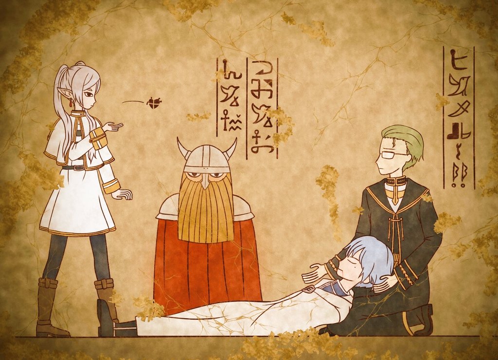 1girl, 3boys, armor, beard, black_cloak, black_eyes, black_footwear, black_leggings