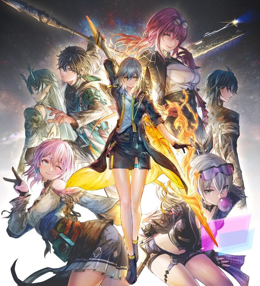 3boys, 4girls, absurdres, arm_up, astral_express_(honkai:_star_rail), backlighting, bent_over, black_coat