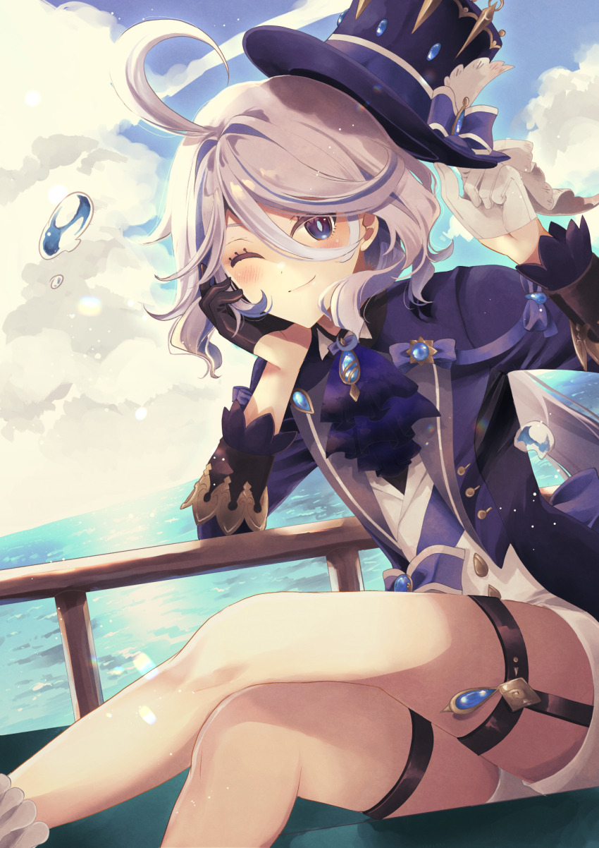 1girl, blue_eyes, furina_(genshin_impact), genshin_impact, gloves, hat, highres, komesiwo_syumi