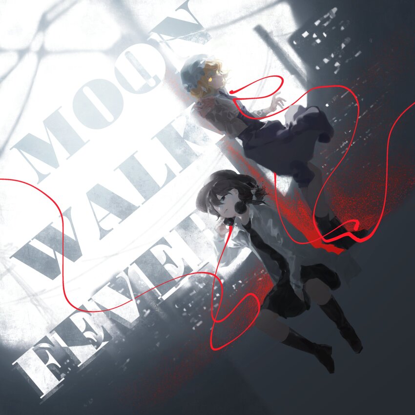 2girls, absurdres, black_eyes, black_footwear, black_headwear, black_necktie, black_skirt, blonde_hair