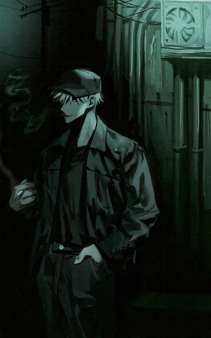 1boy, air_conditioner, akagi:_yami_ni_oritatta_tensai, akagi_shigeru, baseball_cap, black_shirt, cigarette, closed_mouth