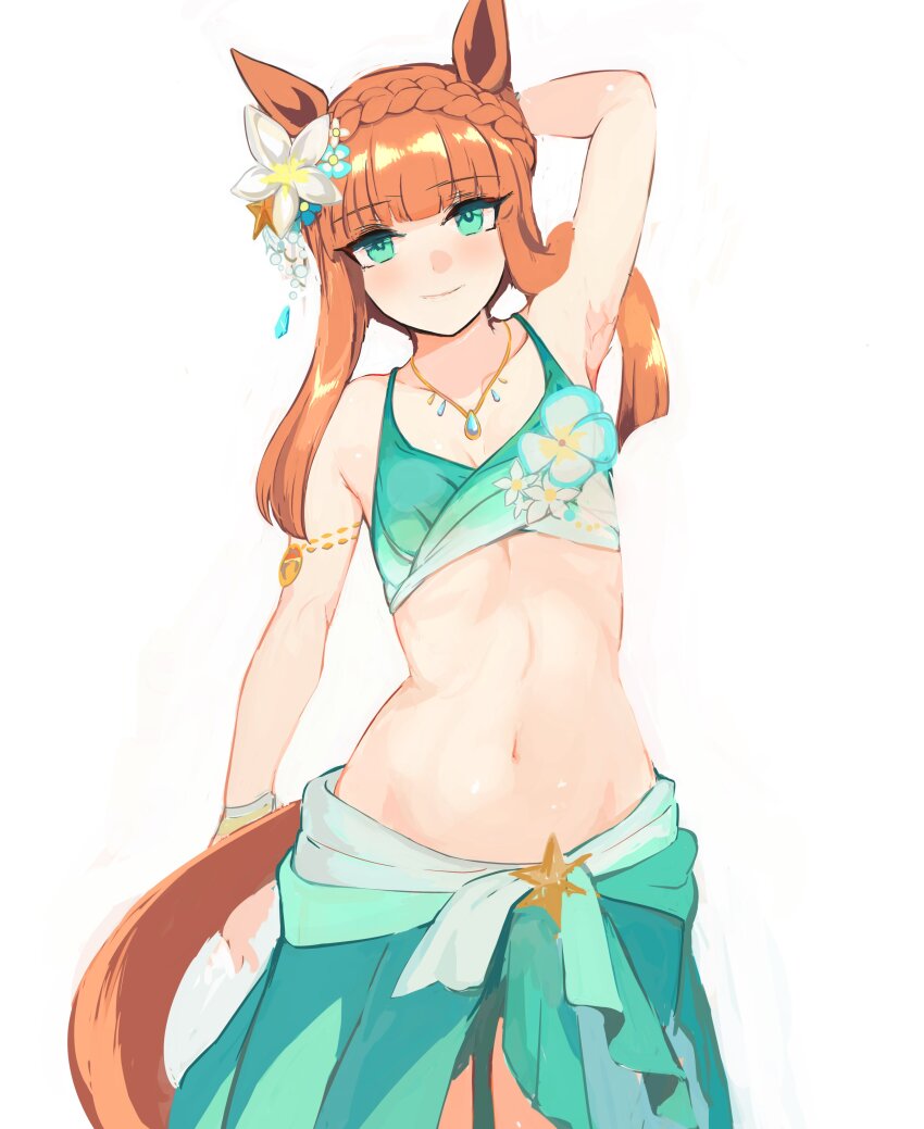 1girl, absurdres, animal_ears, arm_behind_head, arm_up, armpits, bikini, blue_bikini