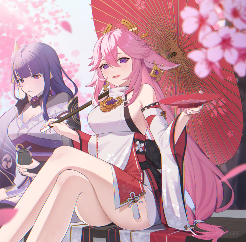 2girls, animal_ears, blunt_bangs, blurry, breasts, cherry_blossoms, cleavage, commentary_request