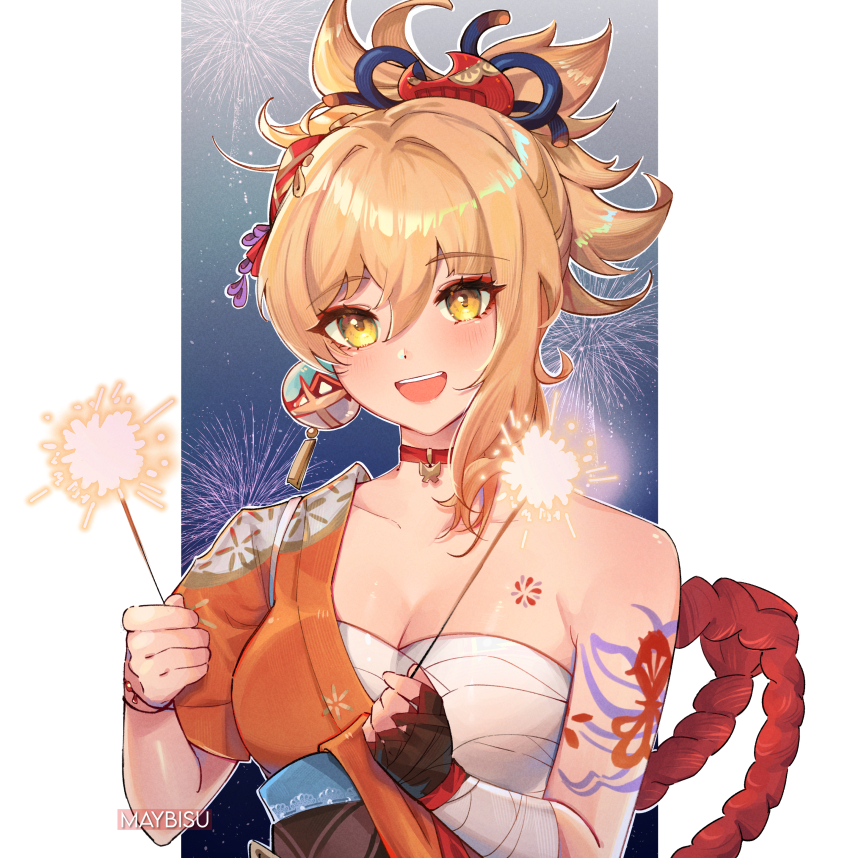 1girl, :d, absurdres, arm_tattoo, bandages, blonde_hair, breasts, chest_sarashi