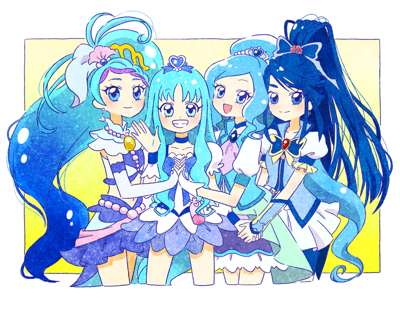 4girls, :d, blue_choker, blue_eyes, blue_hair, blue_skirt, blue_vest, blush