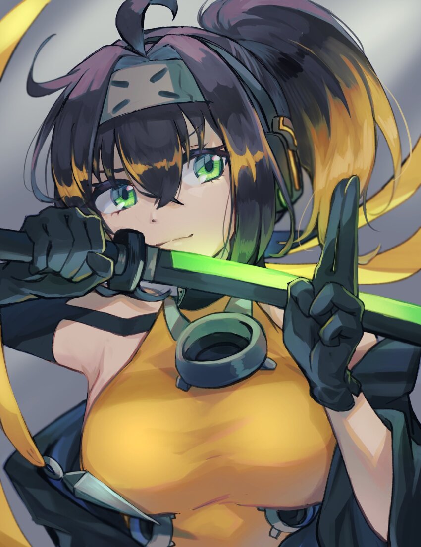 1girl, ahoge, bare_shoulders, black_hair, blonde_hair, breasts, duel_monster, elbow_gloves