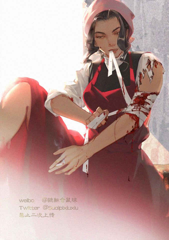 1girl, aged_down, applying_bandages, bandaged_arm, bandages, black_hair, blood, blood_on_face
